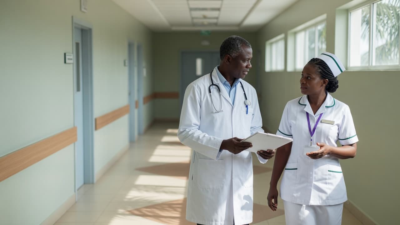 A doctor and a nurse reviewing a patient's notes in a hospital corridor